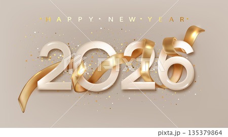 2026 Happy New Year with golden realistic 3d ribbon. Festive Christmas banner for holiday with realistic Golden 3d number 2026. 135379864