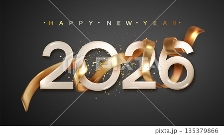 2026 New Year with golden ribbon. New Year and Christmas banner for holiday 135379866