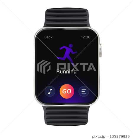 running workout application interface realistic smart watch vector mockup displaying stick figure icon sports fitness and healthy lifestyle technology exercise tracking 135379929