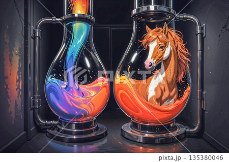 Surreal scientific vessels with liquid and life. wo large glass vessels are connected by metallic pipes. 135380046