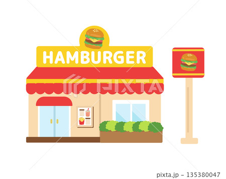 アメリカンテイストのハンバーガー屋の建物イラスト 135380047