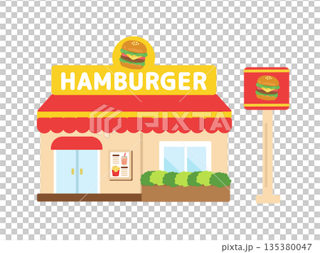 アメリカンテイストのハンバーガー屋の建物イラスト 135380047