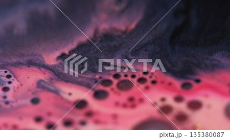 Shimmer art. Oil texture. Defocused pink purple color paint in water marble sparkling liquid droplet floating on abstract background. Shimmer art. Oil texture. Defocused pink purple color paint in water marble sparkling liquid droplet floating on abstract background. 135380087