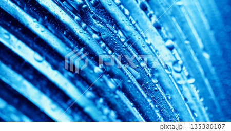 Water drop background. Blur line light. Blue rain dew on corrugated texture. Bubble moisture on color liquid abstract uneven wall. 135380107