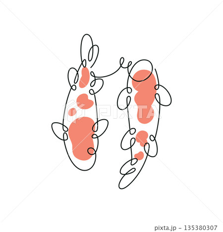 Hand drawn monoline japanese koi fish logo with scale pattern on white 135380307