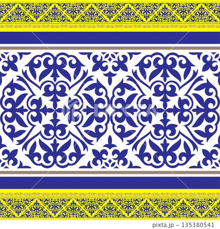 Striking blue and yellow border design featuring rich, repeating patterns of traditional Central Asian or Kazakh scrollwork and floral motifs, separated by solid color bands. Islamic art. 135380541
