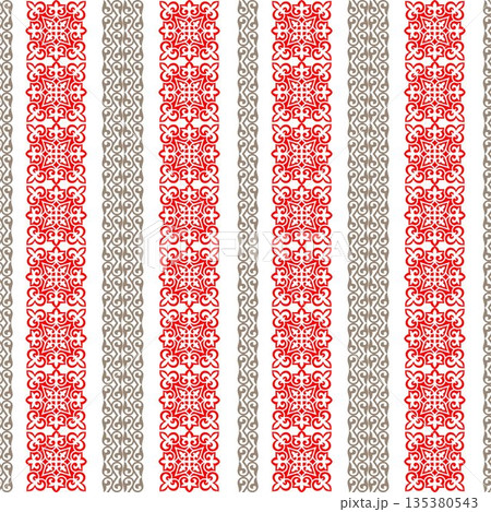 Vertical repeating pattern featuring alternating ornate borders in bold red and muted taupe scrollwork against, showcasing strong cultural motifs. Traditional Central Asian or Kazakh scrollwork. Islam Vertical repeating pattern featuring alternating ornate borders in bold red and muted taupe scrollwork against, showcasing strong cultural motifs. Traditional Central Asian or Kazakh scrollwork. Islam 135380543