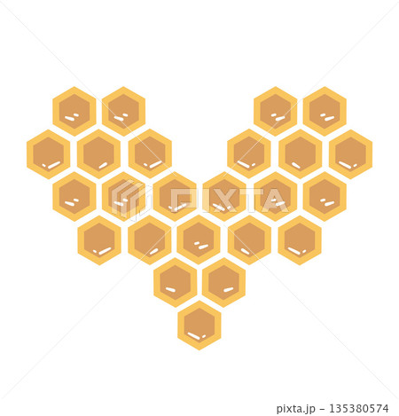 Heart shaped honeycomb pattern in warm golden tones. Cozy illustration for love themed designs, eco packaging, honey labels and handmade products. 135380574