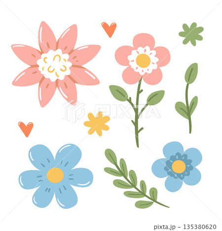 Delicate floral set in pastel colors. Hand-drawn flowers for spring designs, wedding stationery, packaging, patterns and romantic illustrations. Delicate floral set in pastel colors. Hand-drawn flowers for spring designs, wedding stationery, packaging, patterns and romantic illustrations. 135380620