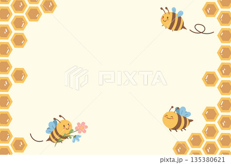 Decorative frame with bees and honeycombs. Lovely background for invitations, greeting cards, branding, kids designs and eco projects. Decorative frame with bees and honeycombs. Lovely background for invitations, greeting cards, branding, kids designs and eco projects. 135380621