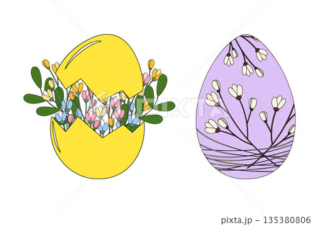 Spring Easter bouquet with Blossom flowers and leaves in Cracked Eggshell and Egg with Sprigs decor. Isolated Vector illustration Easter Related Content Spring Season Thematic Cards Greetings, leaflet 135380806