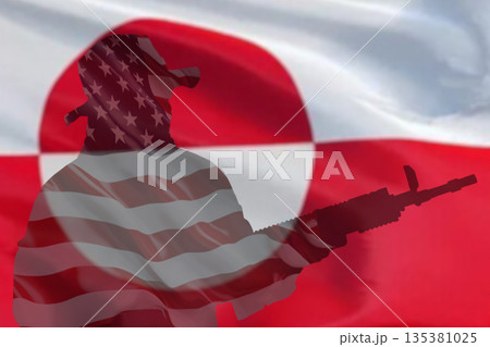 Outline of a soldier with a gun and an American flag inside the silhouette against the background of the flag of Greenland. Outline of a soldier with a gun and an American flag inside the silhouette against the background of the flag of Greenland. 135381025