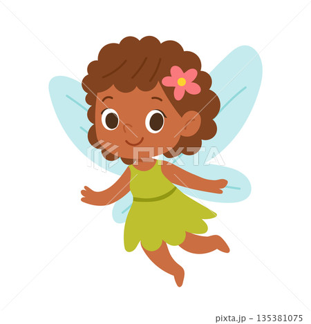 Cute fairy girl with brown hair and wings flying playfully, designed for children stories, fantasy characters, and whimsical nursery artwork Cute fairy girl with brown hair and wings flying playfully, designed for children stories, fantasy characters, and whimsical nursery artwork 135381075
