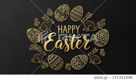 Elegant happy easter design with gold eggs and bunnies for celebratory decor Elegant happy easter design with gold eggs and bunnies for celebratory decor 135381096