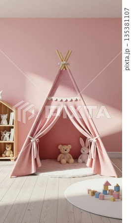 Cozy child's playroom interior with pink teepee tent and soft toys Cozy child's playroom interior with pink teepee tent and soft toys 135381107