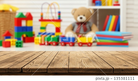 Colorful children's toy room with wooden table for playtime fun Colorful children's toy room with wooden table for playtime fun 135381111