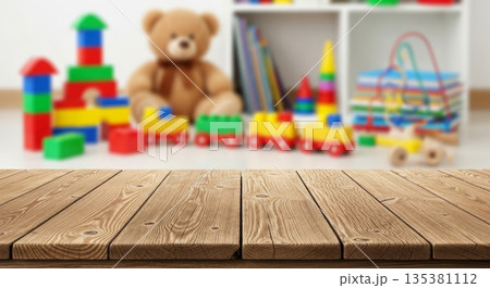 Wooden tabletop with blurred background of colorful toys and teddy bear in children's room 135381112