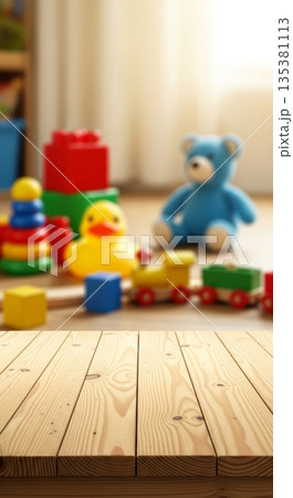 Colorful children's toys on wooden floor in cozy playroom setting Colorful children's toys on wooden floor in cozy playroom setting 135381113