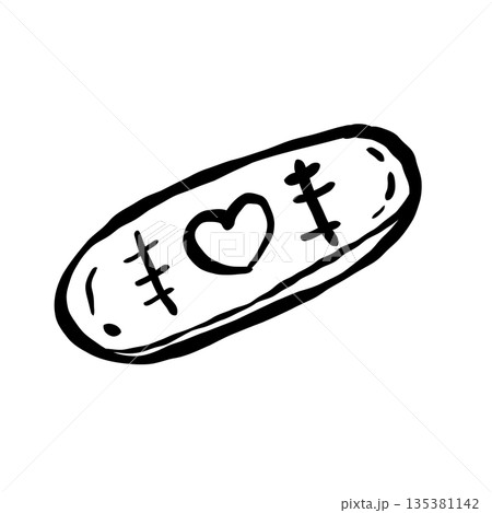 Hand drawn stitched bandage with heart doodle black and white cute gothic love illustration for valentines spooky romance medical aesthetic designs 135381142