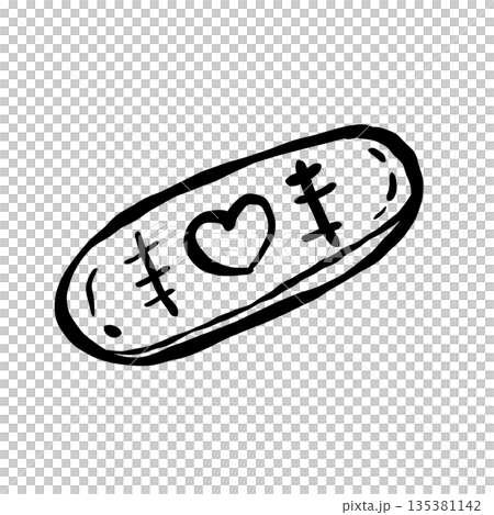 Hand drawn stitched bandage with heart doodle black and white cute gothic love illustration for valentines spooky romance medical aesthetic designs 135381142