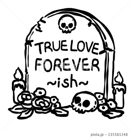 Hand drawn gothic love gravestone with skull candles and roses black and white spooky valentines illustration dark romance memorial design Hand drawn gothic love gravestone with skull candles and roses black and white spooky valentines illustration dark romance memorial design 135381148