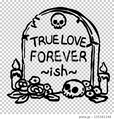 Hand drawn gothic love gravestone with skull candles and roses black and white spooky valentines illustration dark romance memorial design Hand drawn gothic love gravestone with skull candles and roses black and white spooky valentines illustration dark romance memorial design 135381148