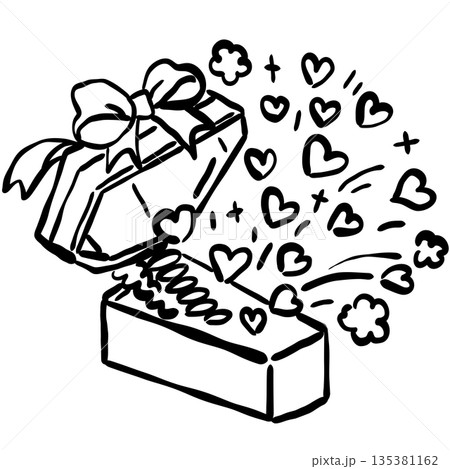 Hand drawn surprise gift box with hearts popping out doodle black and white cute love illustration for valentines celebration romantic surprise design 135381162