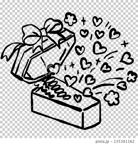 Hand drawn surprise gift box with hearts popping out doodle black and white cute love illustration for valentines celebration romantic surprise design Hand drawn surprise gift box with hearts popping out doodle black and white cute love illustration for valentines celebration romantic surprise design 135381162