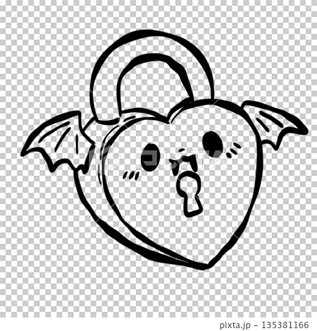 Hand drawn heart shaped lock with bat wings doodle black and white cute gothic love illustration for valentines spooky romance fantasy design Hand drawn heart shaped lock with bat wings doodle black and white cute gothic love illustration for valentines spooky romance fantasy design 135381166