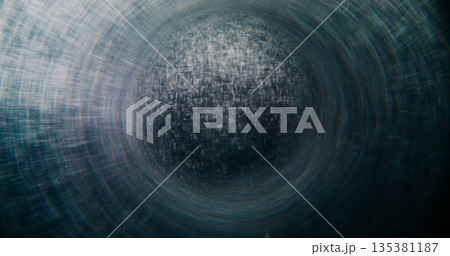 Blur glowing sphere. Circle tunnel. Gray liquid with particles flowing in round lens. Cosmic orb abstract optical effect on black background. Blur glowing sphere. Circle tunnel. Gray liquid with particles flowing in round lens. Cosmic orb abstract optical effect on black background. 135381187