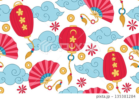 A seamless pattern themed around Chinese New Year. Vector print with red lanterns and fans 135381284