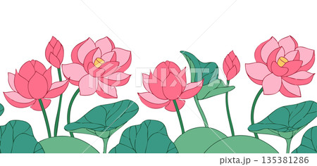 Seamless frame with pink lotus flowers and leaves. Vector illustration. 135381286