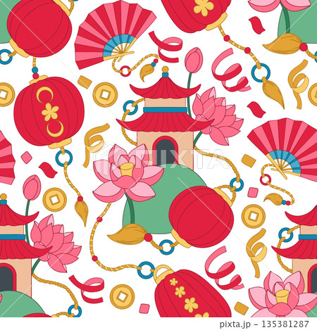 A children's print themed around Chinese New Year. A seamless vector pattern with a pagoda, lanterns, and a fan. A children's print themed around Chinese New Year. A seamless vector pattern with a pagoda, lanterns, and a fan. 135381287