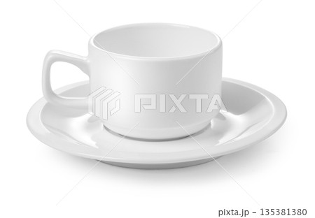 White ceramic teacup and saucer on clean background 135381380