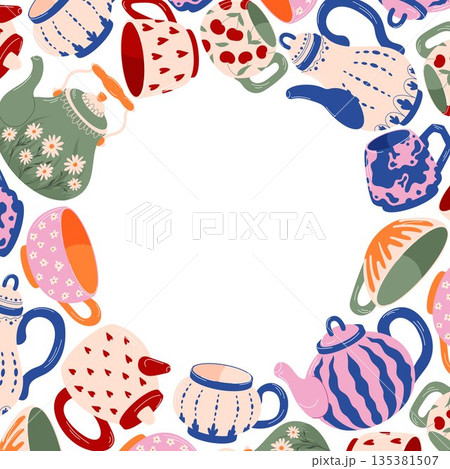 Wreath of colorful teapot and cup with heart, stripe, floral and elegant pattern in flat style. Ideal for tea menu or kitchen wallpaper isolated on a white background. 135381507