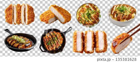 Set of tonkatsu katsu pork chicken breaded Deep-fried meat cutlet, skillet pan, chopstick, with egg rice bowl sauce, stack pile slice broken bite, transparent cutout PNG. Many different style mockup 135381628