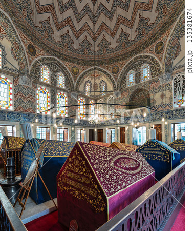Sultan Ahmed I Tomb interior with ornate sarcophagi and intricate Ottoman decorations, Istanbul, Turkey. 135381674