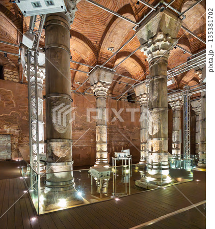 Theodosius Cistern interior, ancient Roman columns and brick arches, modern walkways and lighting, Istanbul, Turkey. Theodosius Cistern interior, ancient Roman columns and brick arches, modern walkways and lighting, Istanbul, Turkey. 135381702