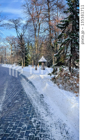 Sunlight hitting a snowy stone path winding through a quiet winter park with tall bare trees Sunlight hitting a snowy stone path winding through a quiet winter park with tall bare trees 135381711