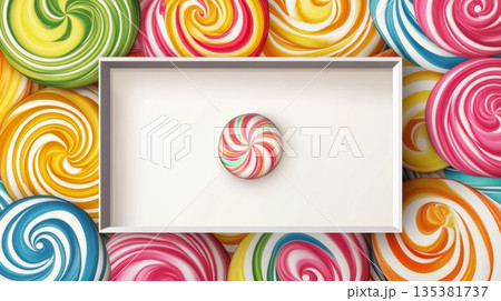 カラフルな渦巻きロリポップキャンディの背景と中央の白い箱の中のひとつの飴 カラフルな渦巻きロリポップキャンディの背景と中央の白い箱の中のひとつの飴 135381737
