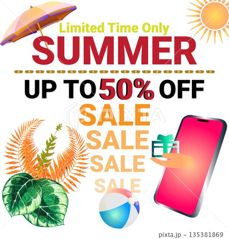 Summer Sale Promotional Banner - Up to 50% Off Limited Time Discount for Retail App 135381869