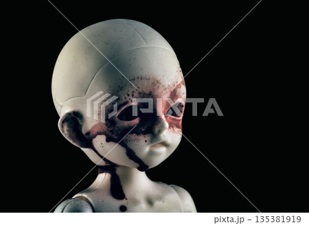 Creepy bloody doll face in the dark 135381919
