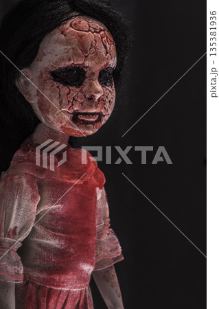 Creepy bloody doll face with long black hair in the dark 135381936