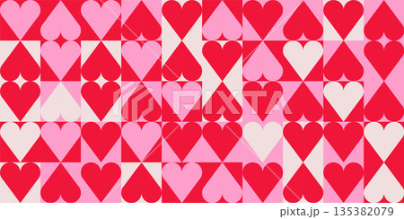 Square tiles seamless pattern with hearts inside, vintage romantic checkerboard pattern. Vector geometric simple design for Valentines day Square tiles seamless pattern with hearts inside, vintage romantic checkerboard pattern. Vector geometric simple design for Valentines day 135382079