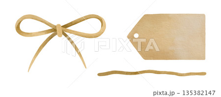 Hand-drawn watercolor illustration of a tied bow, peace of rope and paper label with place for a text isolated on white background 135382147