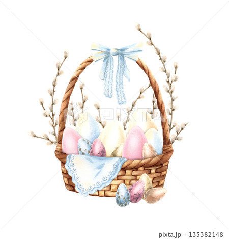 Easter composition wicker basket filled painted eggs, willow branches. Hanging lace napkin, tied delicate blue ribbon. Symbol of bright spring holiday. Hand drawn watercolor isolated illustration 135382148