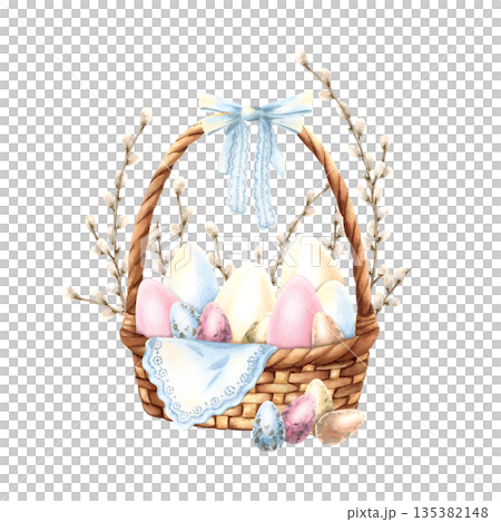 Easter composition wicker basket filled painted eggs, willow branches. Hanging lace napkin, tied delicate blue ribbon. Symbol of bright spring holiday. Hand drawn watercolor isolated illustration 135382148
