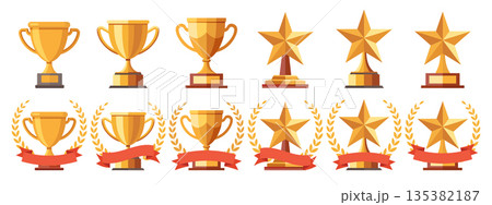 Collection of gold awards trophies and stars with ribbons for achievements. Set of award icons. 135382187
