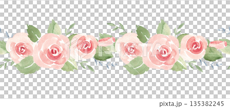 Pink roses horizontal watercolor seamless border pattern. Hand drawn illustration. Can be used for fabric, textile, packaging prints, adhesive tape and paper design. For birthday, wedding and Pink roses horizontal watercolor seamless border pattern. Hand drawn illustration. Can be used for fabric, textile, packaging prints, adhesive tape and paper design. For birthday, wedding and 135382245