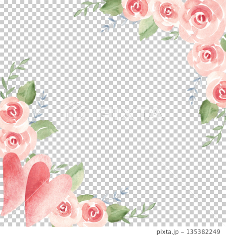 Valentines Day, Wedding Square Frame, Border. Corner Compositions with hearts, pink roses, leaves and branches. Simple painting isolated on a white background. Love and Romantic illustration for cards 135382249